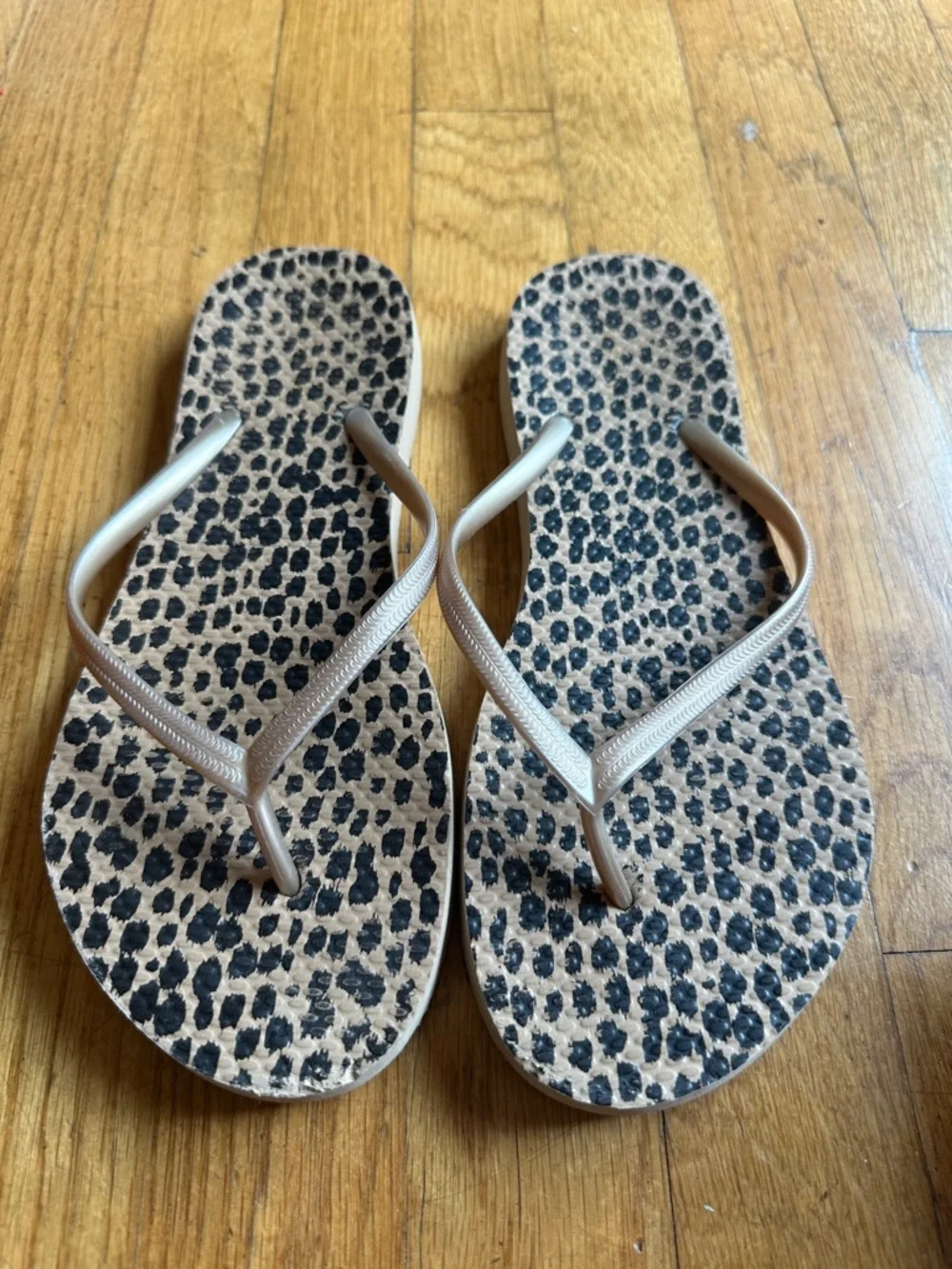 Women's Leopard-Print Flip Flop Sandals with Metallic Nude Straps